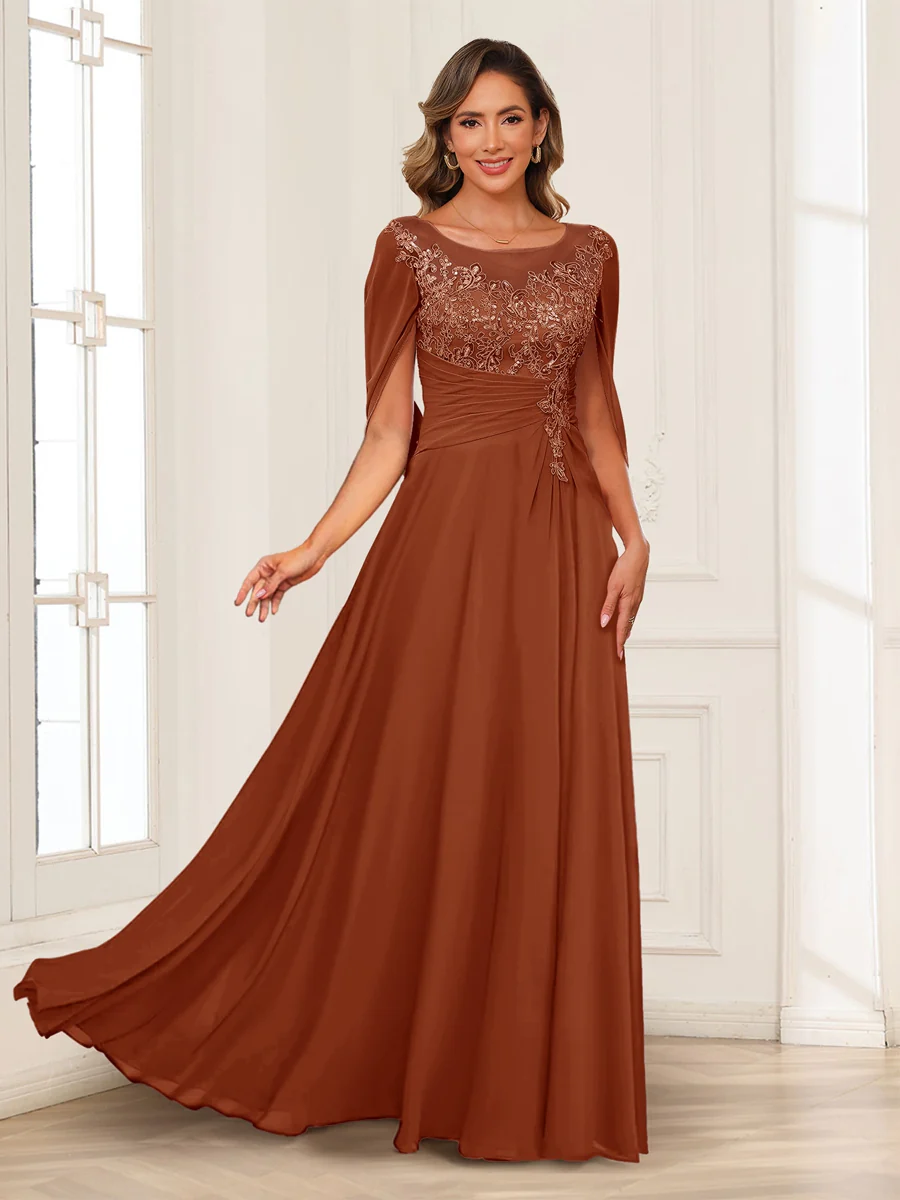 A-Line/Princess Illusion Scoop Appliques Ruched Mother of the Bride Dresses with Cape - Image 8
