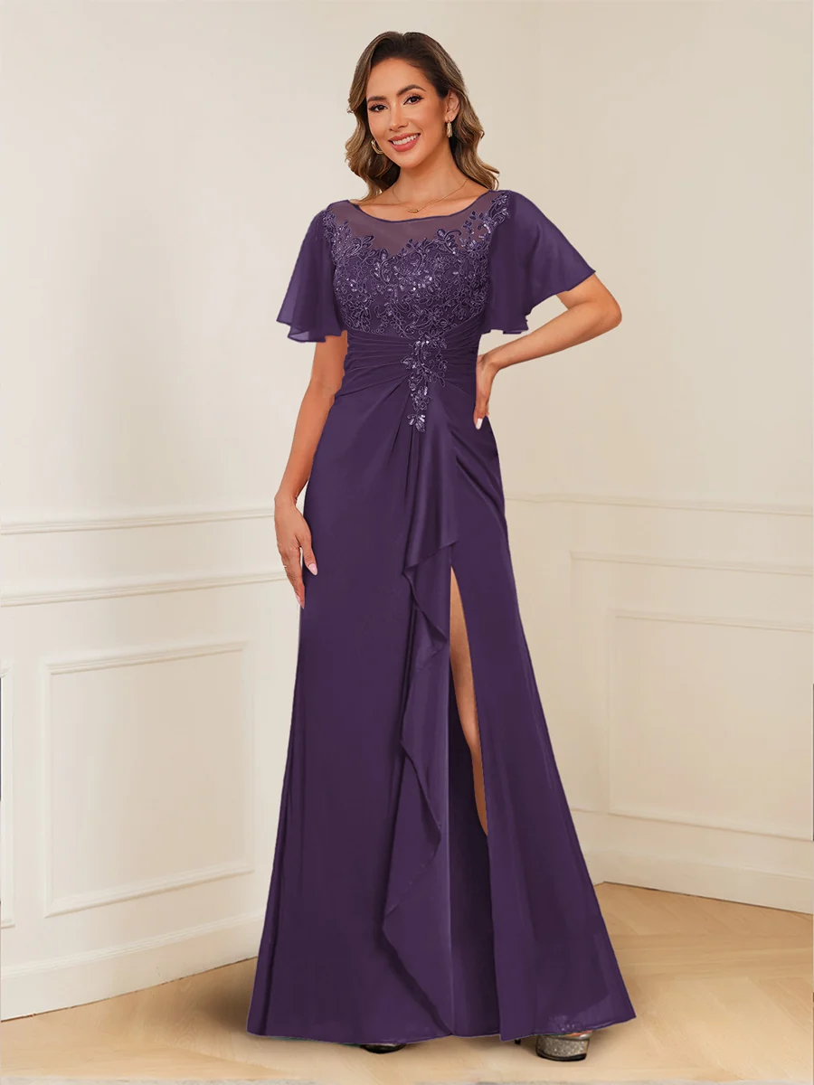 A-Line/Princess Illusion Scoop Appliques Ruched Mother of the Bride Dresses with Split Side - Image 24