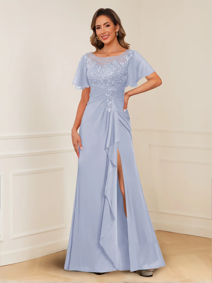 A-Line/Princess Illusion Scoop Appliques Ruched Mother of the Bride Dresses with Split Side - Image 29