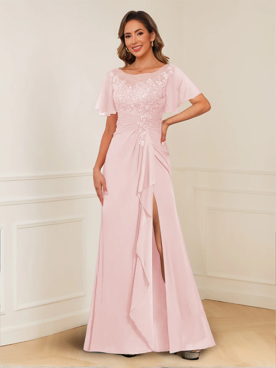 A-Line/Princess Illusion Scoop Appliques Ruched Mother of the Bride Dresses with Split Side - Image 33
