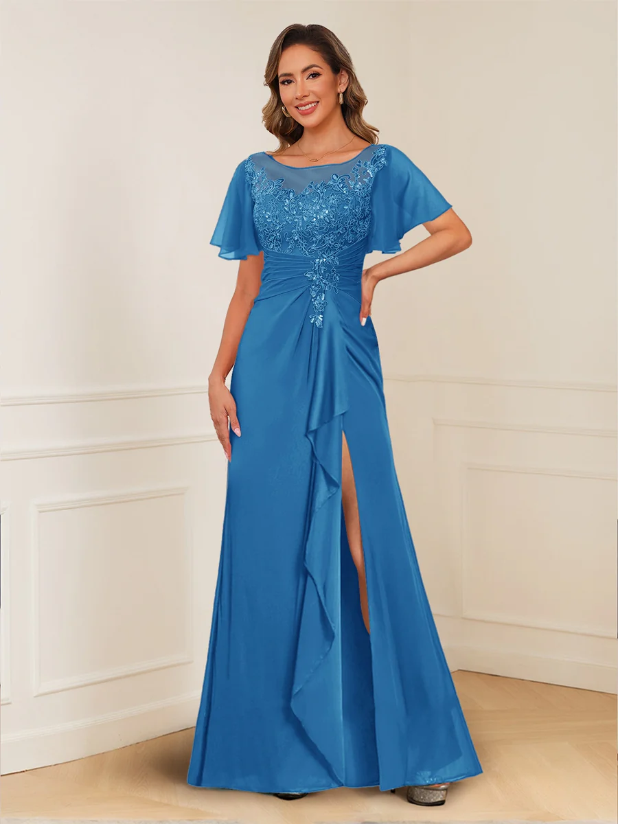 A-Line/Princess Illusion Scoop Appliques Ruched Mother of the Bride Dresses with Split Side - Image 43