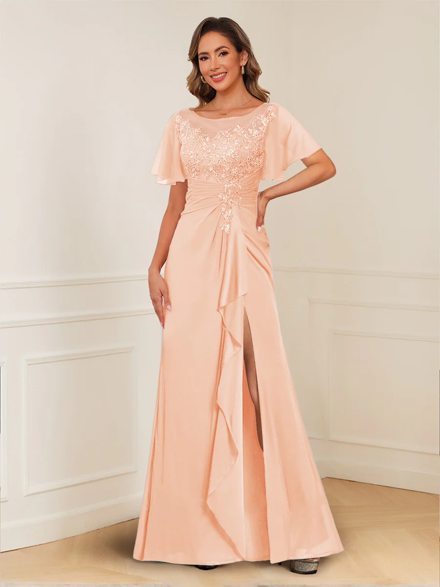 A-Line/Princess Illusion Scoop Appliques Ruched Mother of the Bride Dresses with Split Side - Image 48
