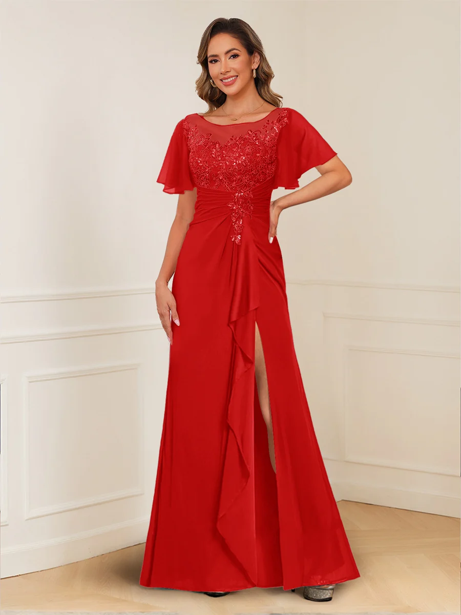 A-Line/Princess Illusion Scoop Appliques Ruched Mother of the Bride Dresses with Split Side - Image 54