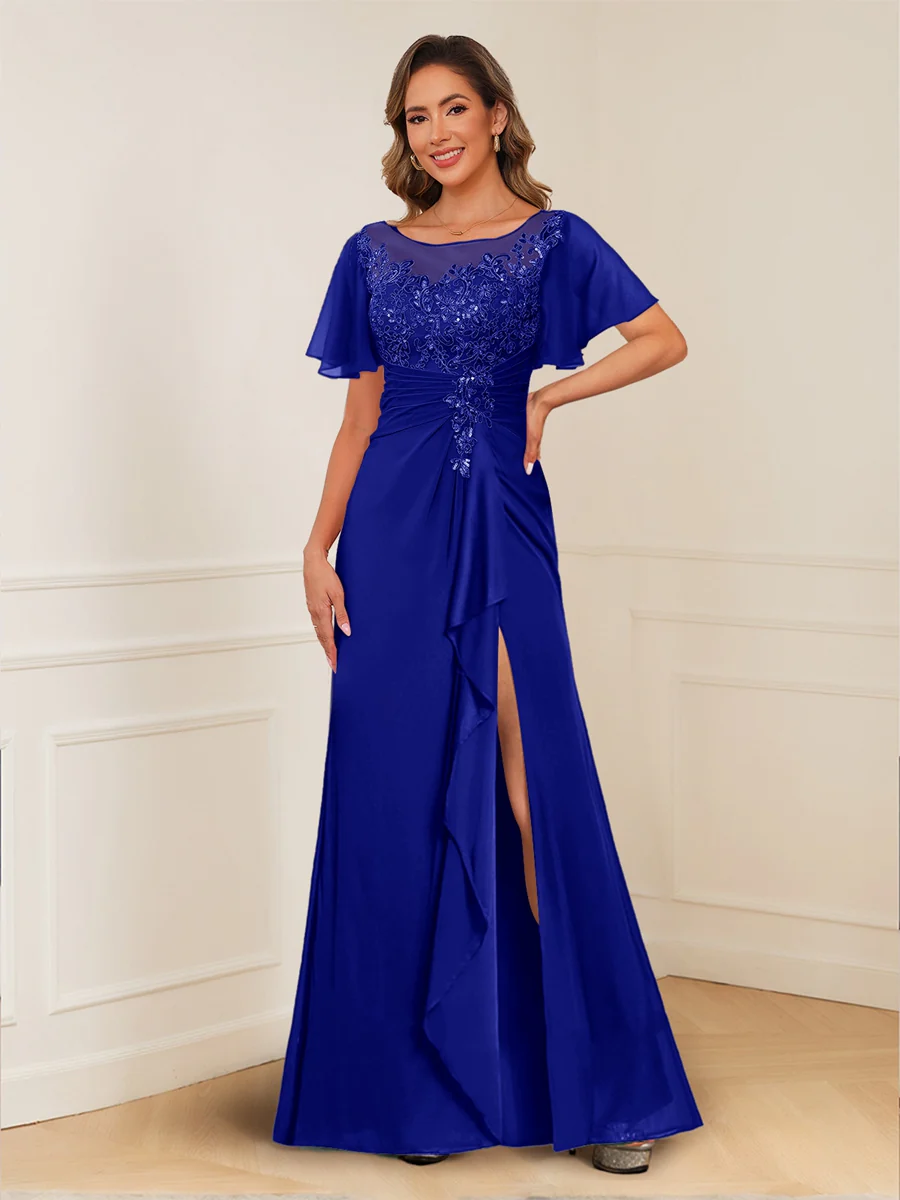 A-Line/Princess Illusion Scoop Appliques Ruched Mother of the Bride Dresses with Split Side - Image 55