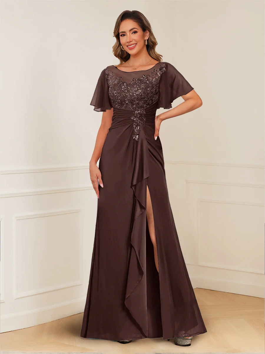 A-Line/Princess Illusion Scoop Appliques Ruched Mother of the Bride Dresses with Split Side - Image 6