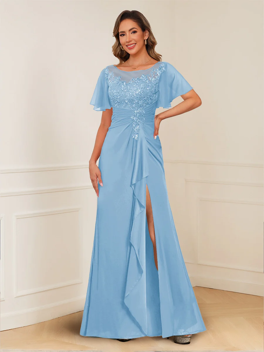 A-Line/Princess Illusion Scoop Appliques Ruched Mother of the Bride Dresses with Split Side - Image 61