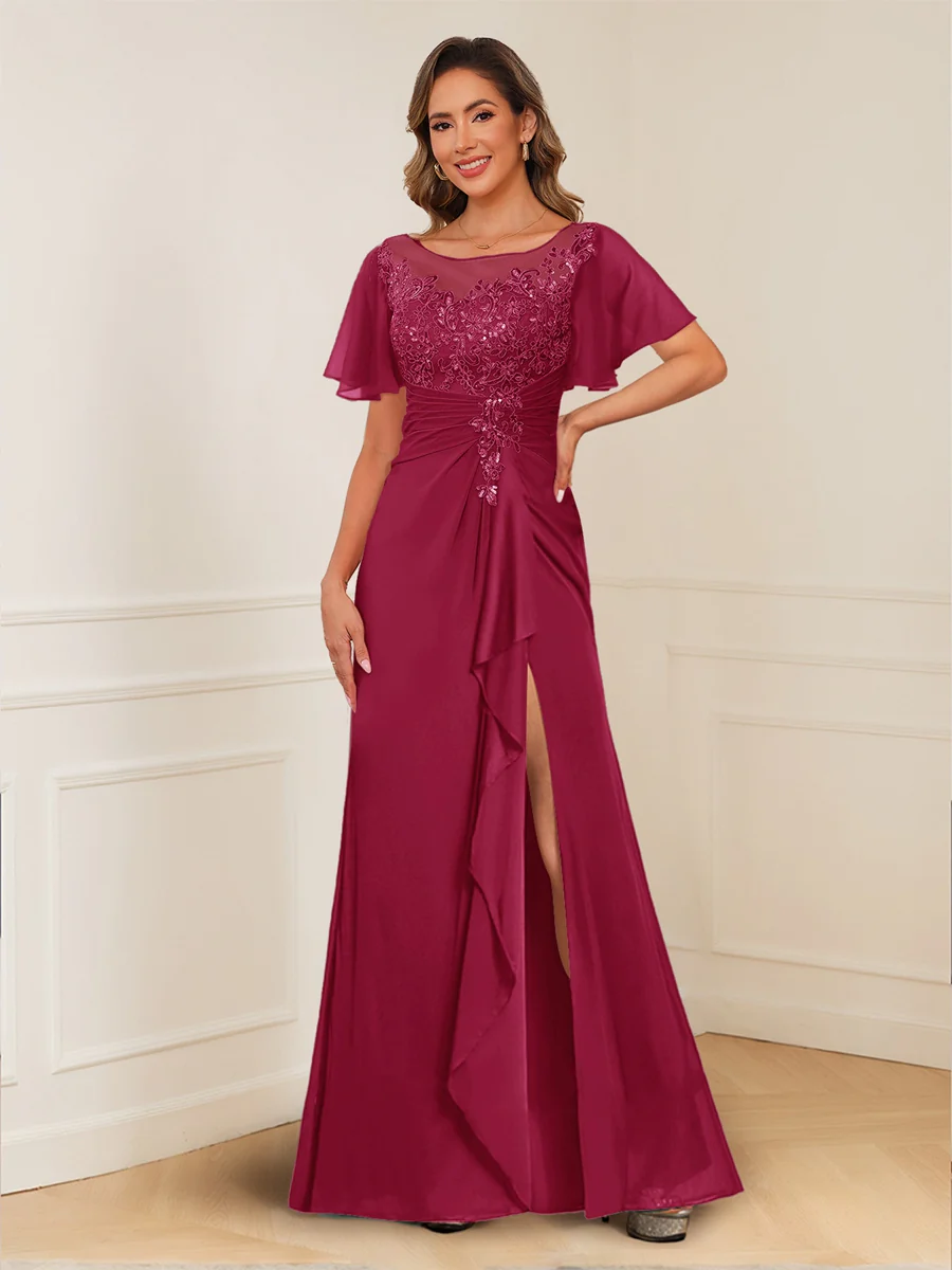 A-Line/Princess Illusion Scoop Appliques Ruched Mother of the Bride Dresses with Split Side - Image 69