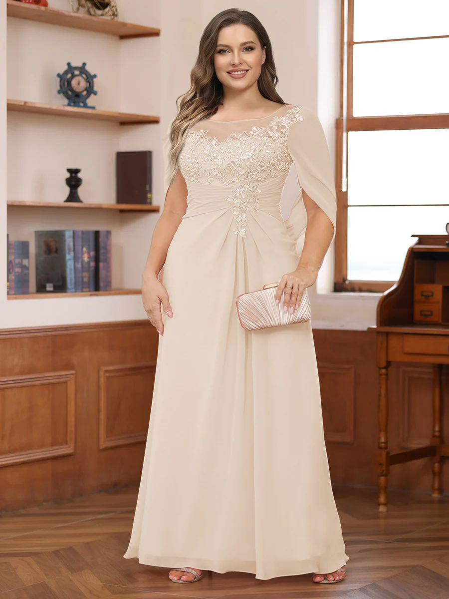 A-Line/Princess Illusion Scoop Appliques Ruched Plus Size Mother of the Bride Dresses with Cape - Image 13