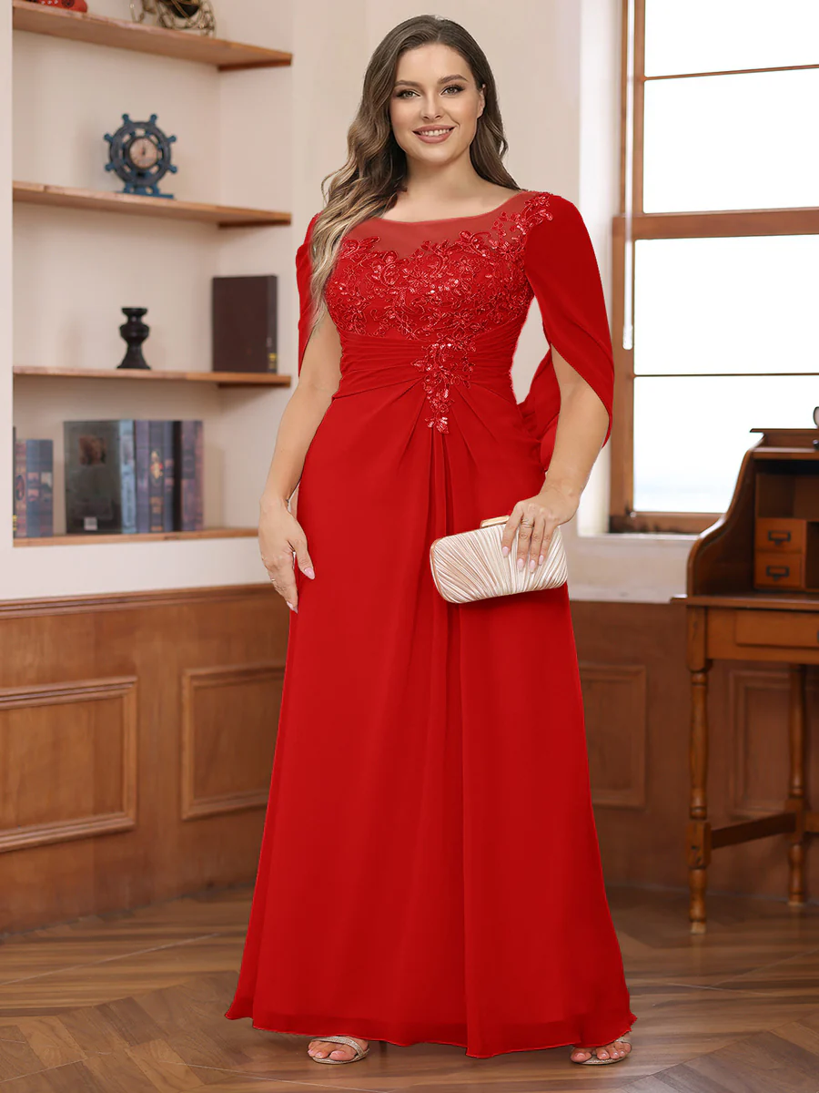A-Line/Princess Illusion Scoop Appliques Ruched Plus Size Mother of the Bride Dresses with Cape - Image 20