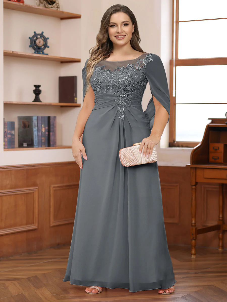 A-Line/Princess Illusion Scoop Appliques Ruched Plus Size Mother of the Bride Dresses with Cape - Image 37