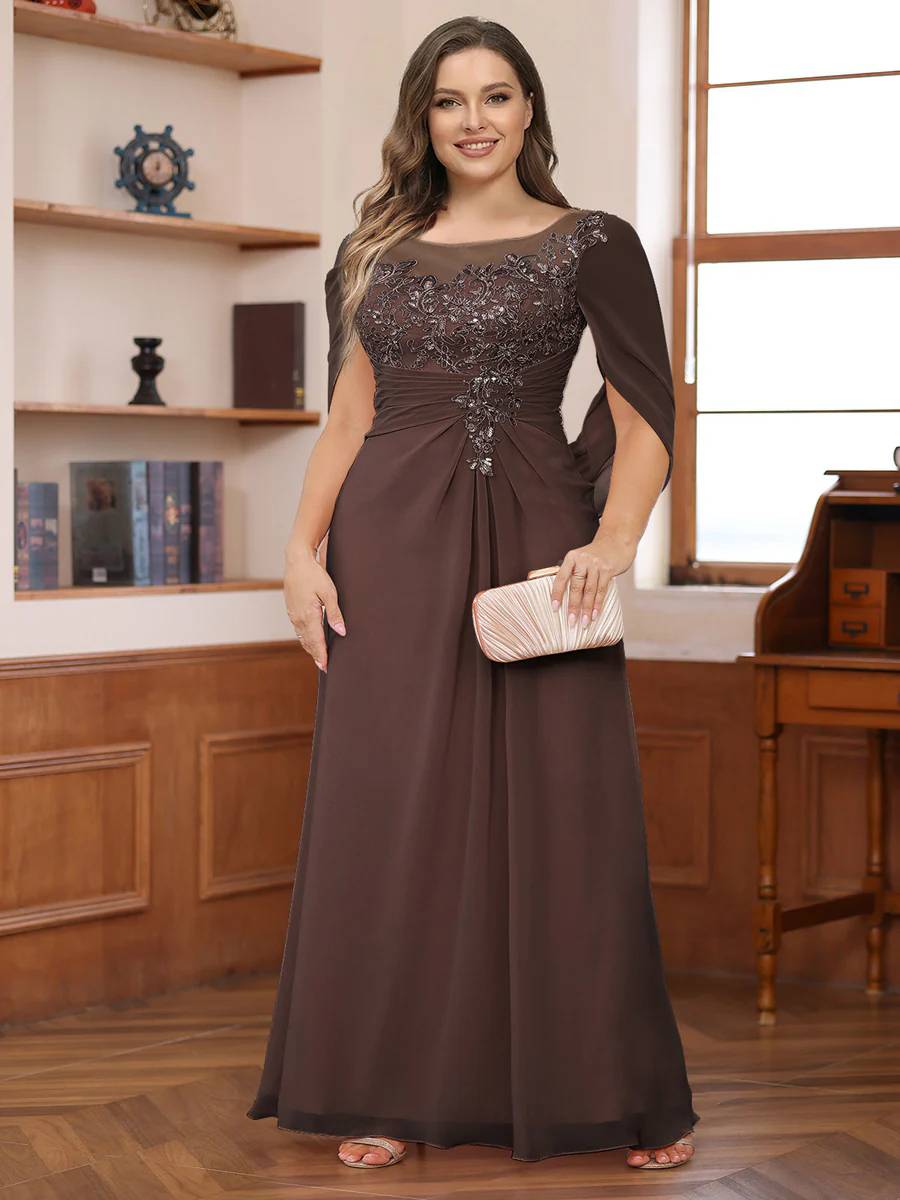 A-Line/Princess Illusion Scoop Appliques Ruched Plus Size Mother of the Bride Dresses with Cape - Image 5