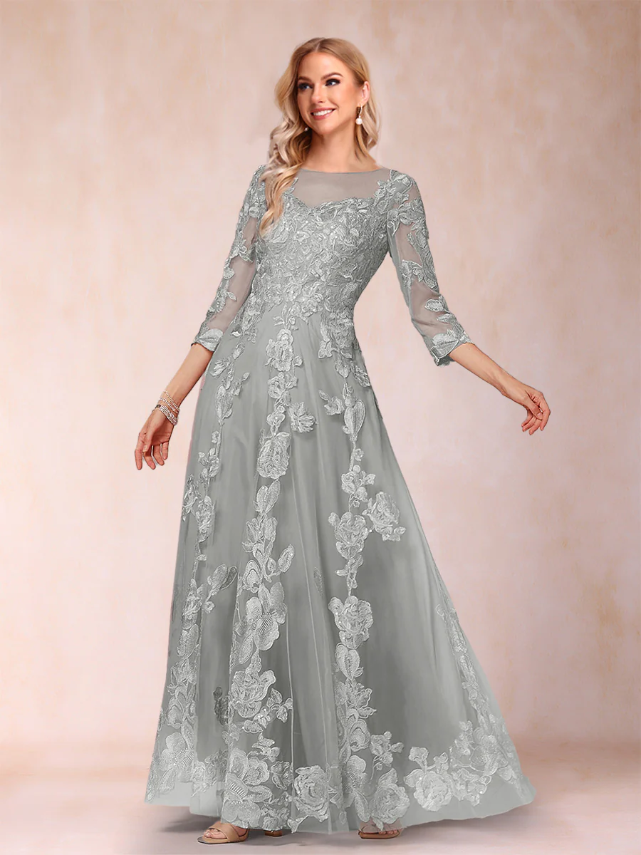 A-Line/Princess Illusion Scoop Floor-Length 3/4 Sleeves Mother of the Bride Dresses with Appliques - Image 11