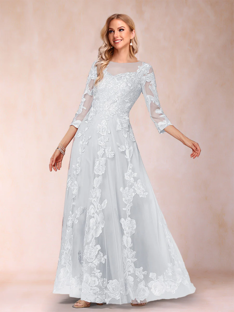 A-Line/Princess Illusion Scoop Floor-Length 3/4 Sleeves Mother of the Bride Dresses with Appliques - Image 12
