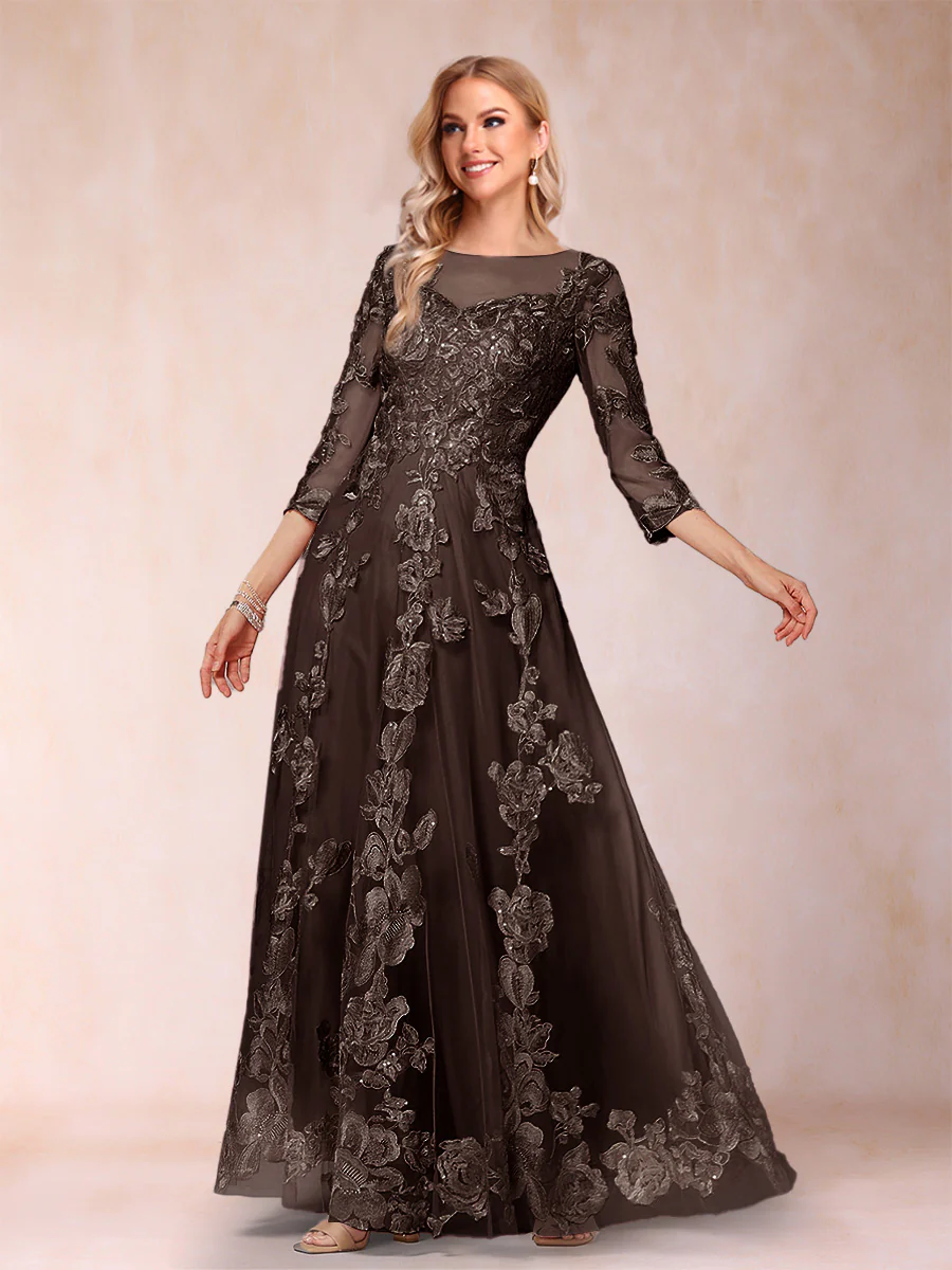 A-Line/Princess Illusion Scoop Floor-Length 3/4 Sleeves Mother of the Bride Dresses with Appliques - Image 16