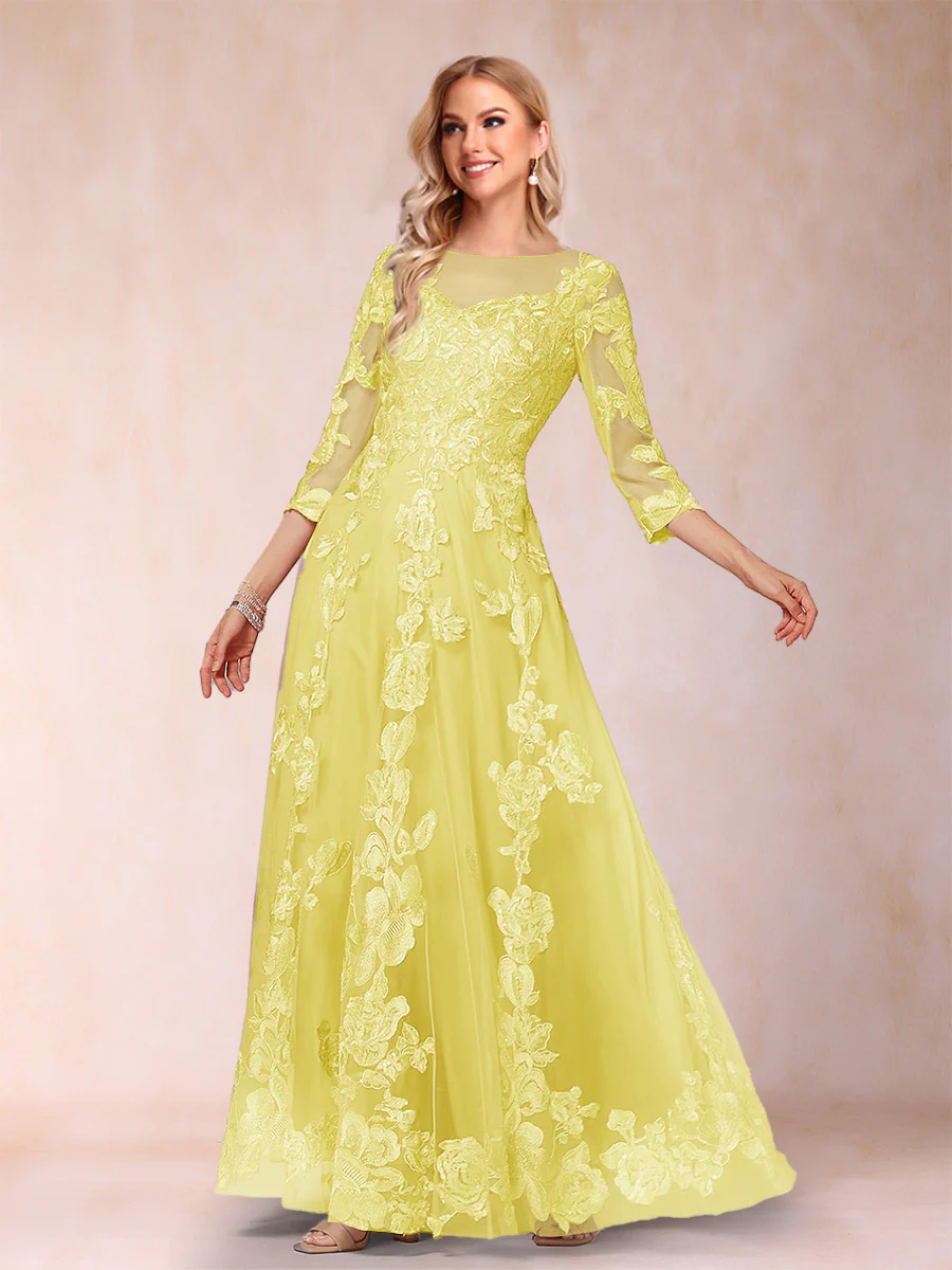 A-Line/Princess Illusion Scoop Floor-Length 3/4 Sleeves Mother of the Bride Dresses with Appliques - Image 18