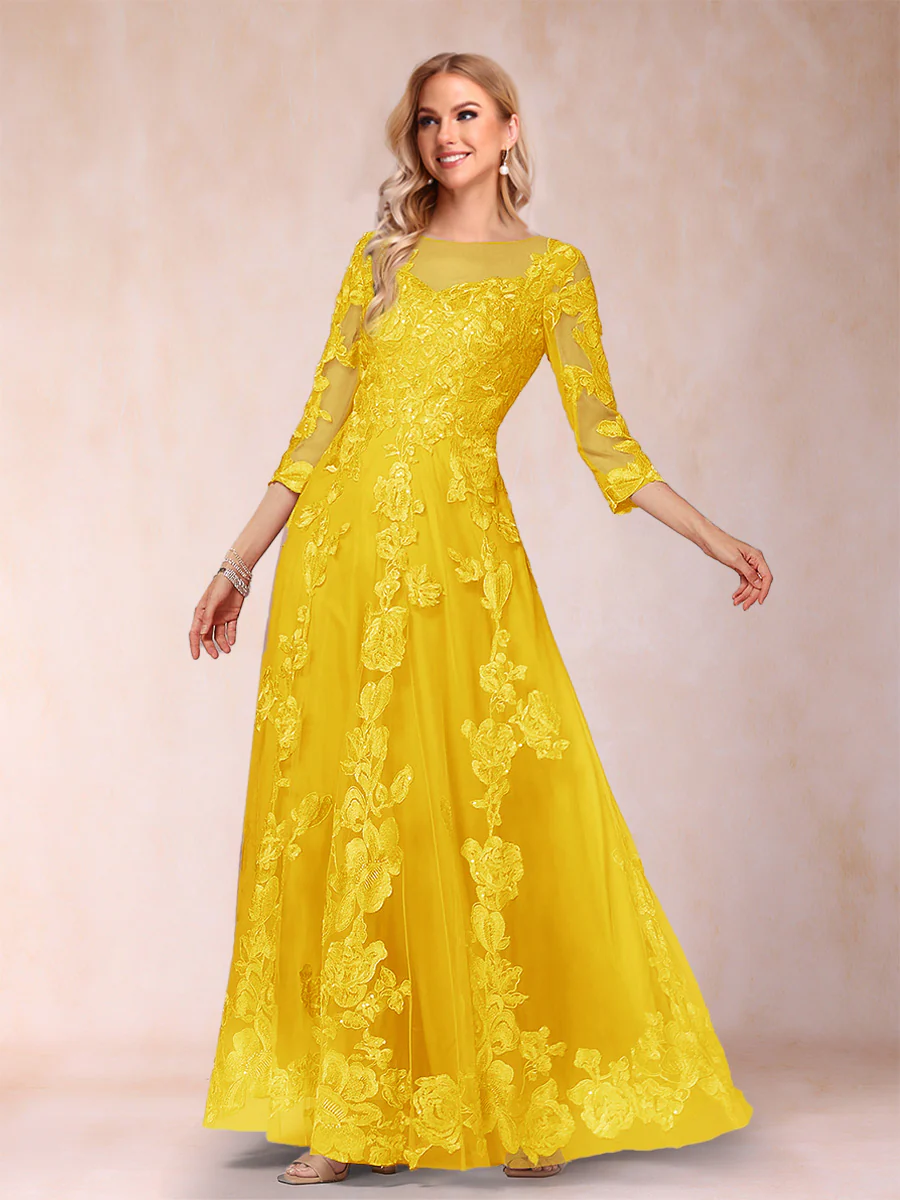 A-Line/Princess Illusion Scoop Floor-Length 3/4 Sleeves Mother of the Bride Dresses with Appliques - Image 32