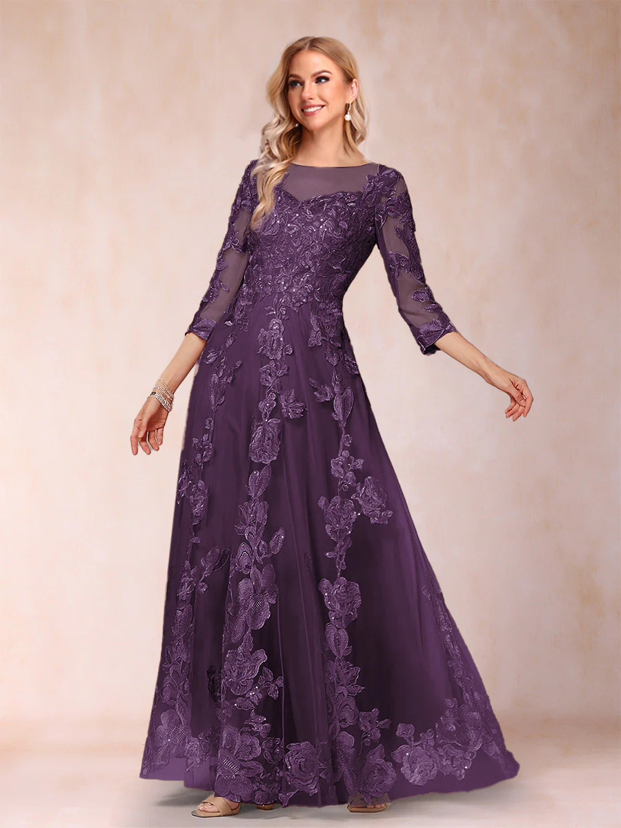 A-Line/Princess Illusion Scoop Floor-Length 3/4 Sleeves Mother of the Bride Dresses with Appliques - Image 33