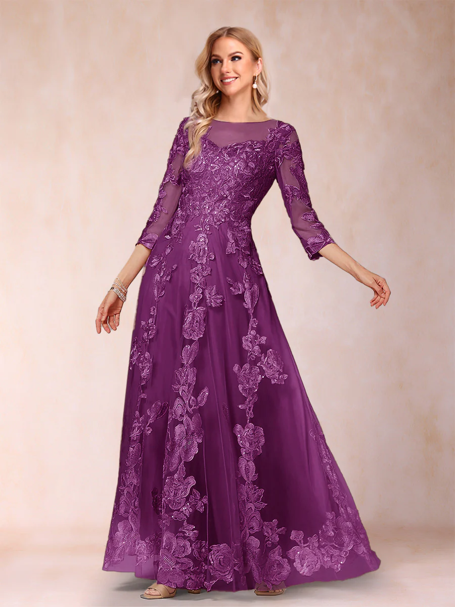 A-Line/Princess Illusion Scoop Floor-Length 3/4 Sleeves Mother of the Bride Dresses with Appliques - Image 52