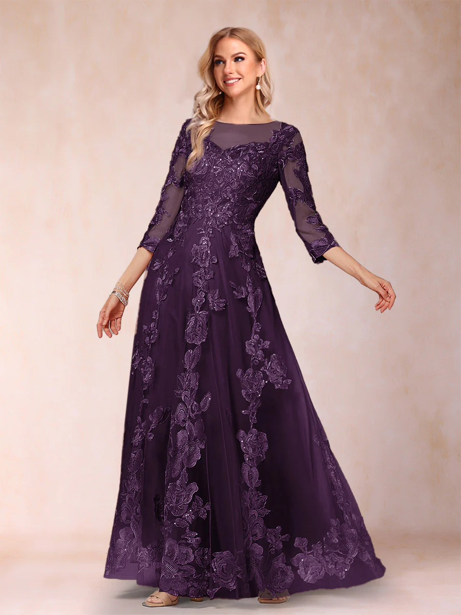A-Line/Princess Illusion Scoop Floor-Length 3/4 Sleeves Mother of the Bride Dresses with Appliques - Image 56