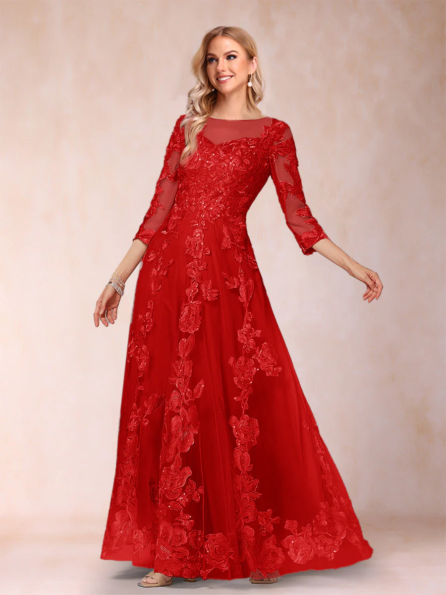A-Line/Princess Illusion Scoop Floor-Length 3/4 Sleeves Mother of the Bride Dresses with Appliques - Image 58