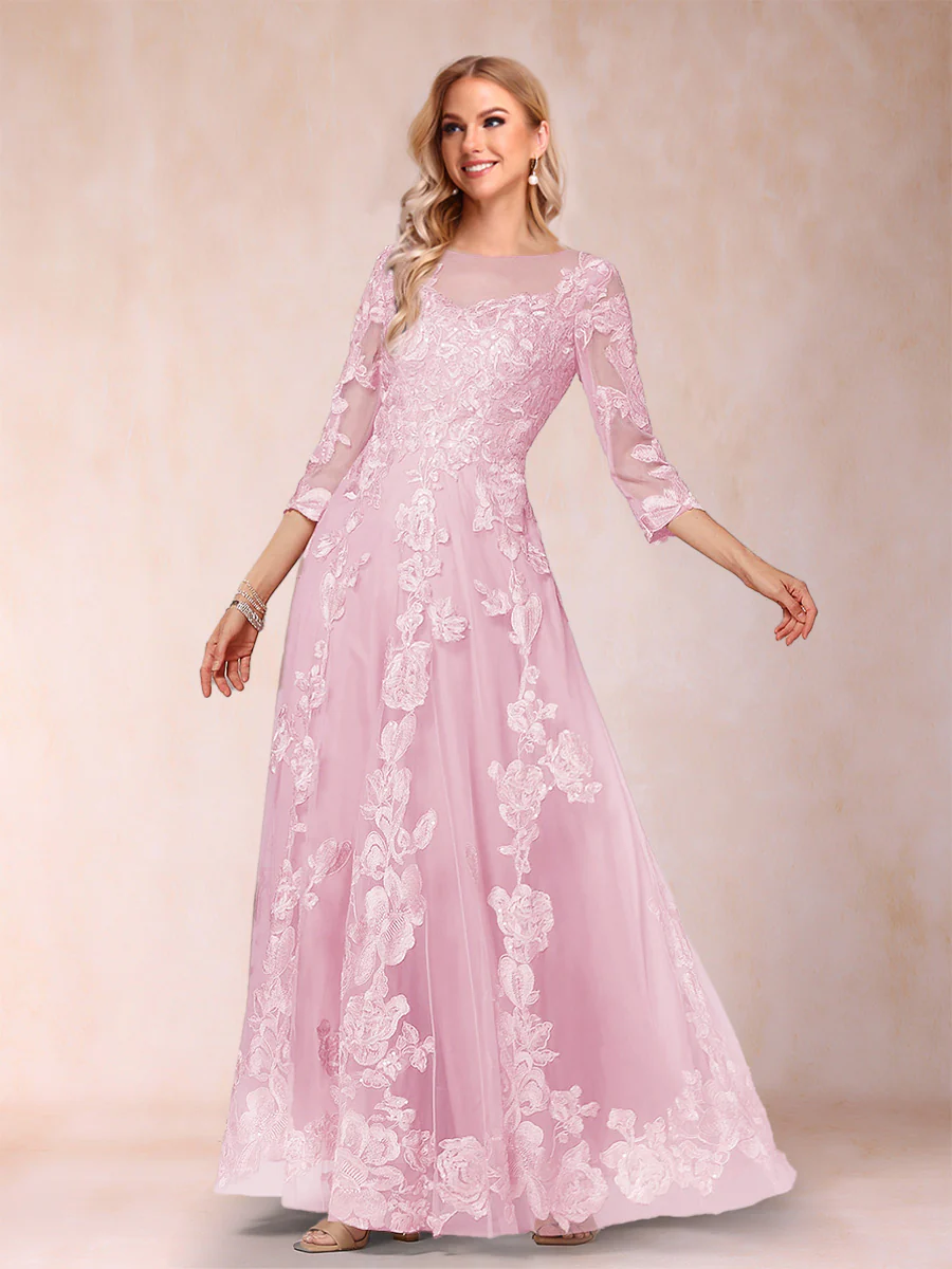 A-Line/Princess Illusion Scoop Floor-Length 3/4 Sleeves Mother of the Bride Dresses with Appliques - Image 7