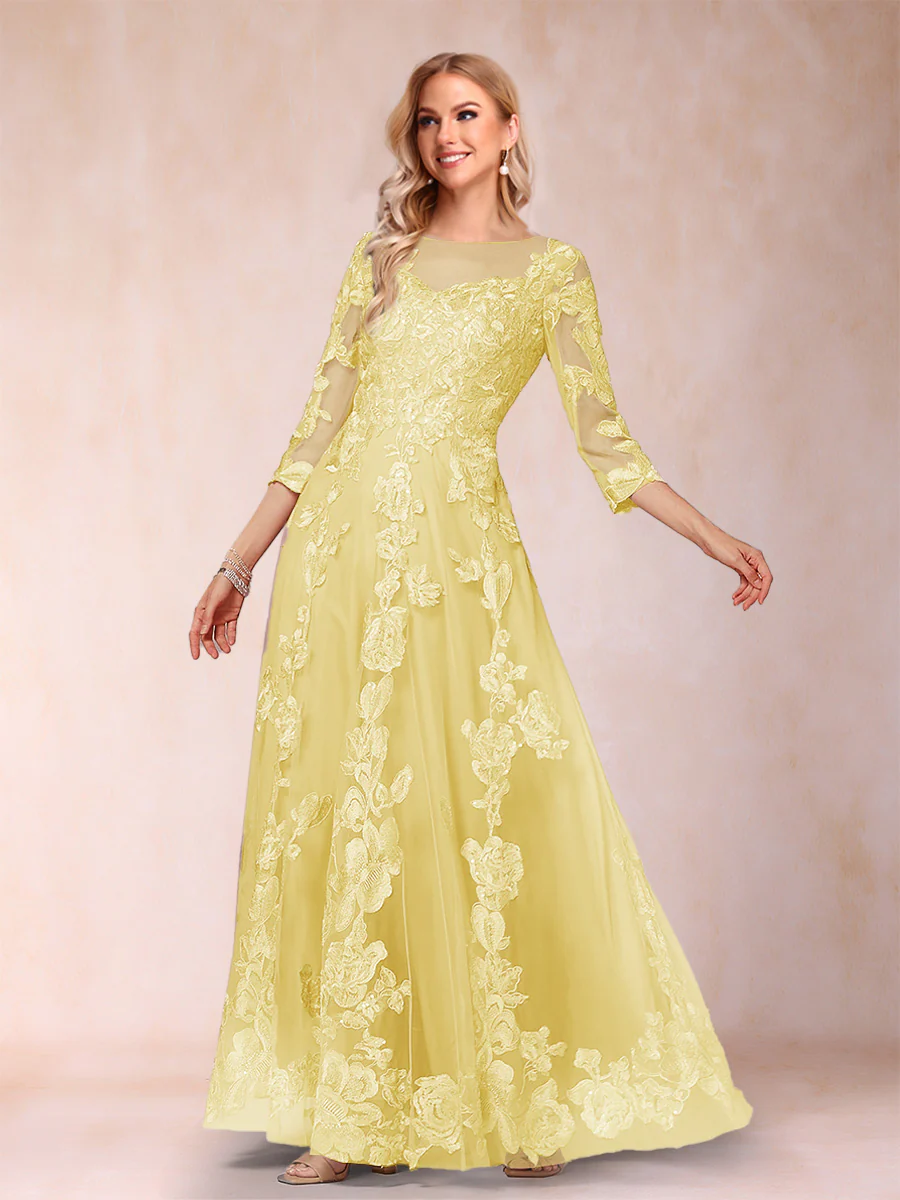 A-Line/Princess Illusion Scoop Floor-Length 3/4 Sleeves Mother of the Bride Dresses with Appliques - Image 73
