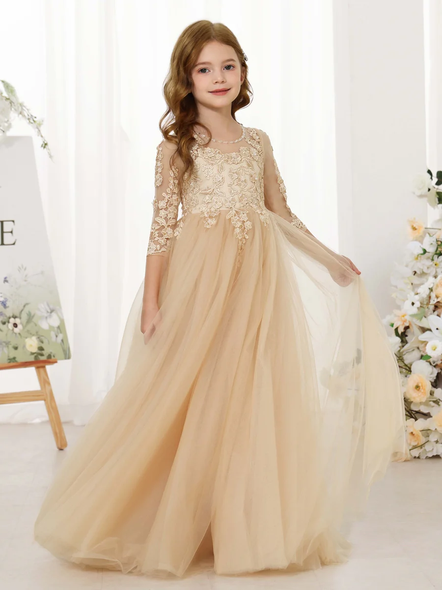 A-Line/Princess Lace 3/4 Sleeves Scoop Neck Floor-Length Flower Girl Dresses - Image 3