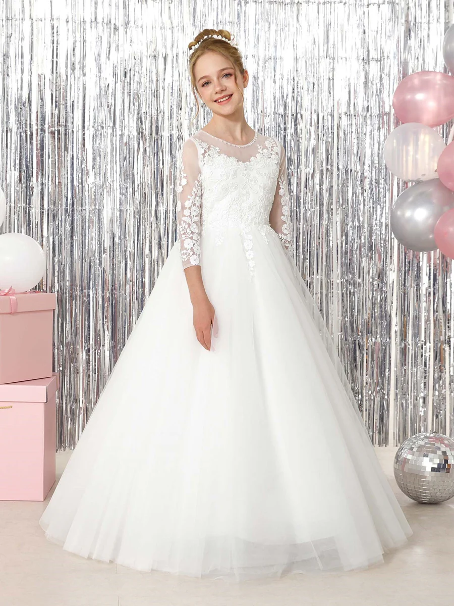 Ball-Gown 3/4 Sleeves Scoop Neck Floor-Length Flower Girl Dresses - Image 3