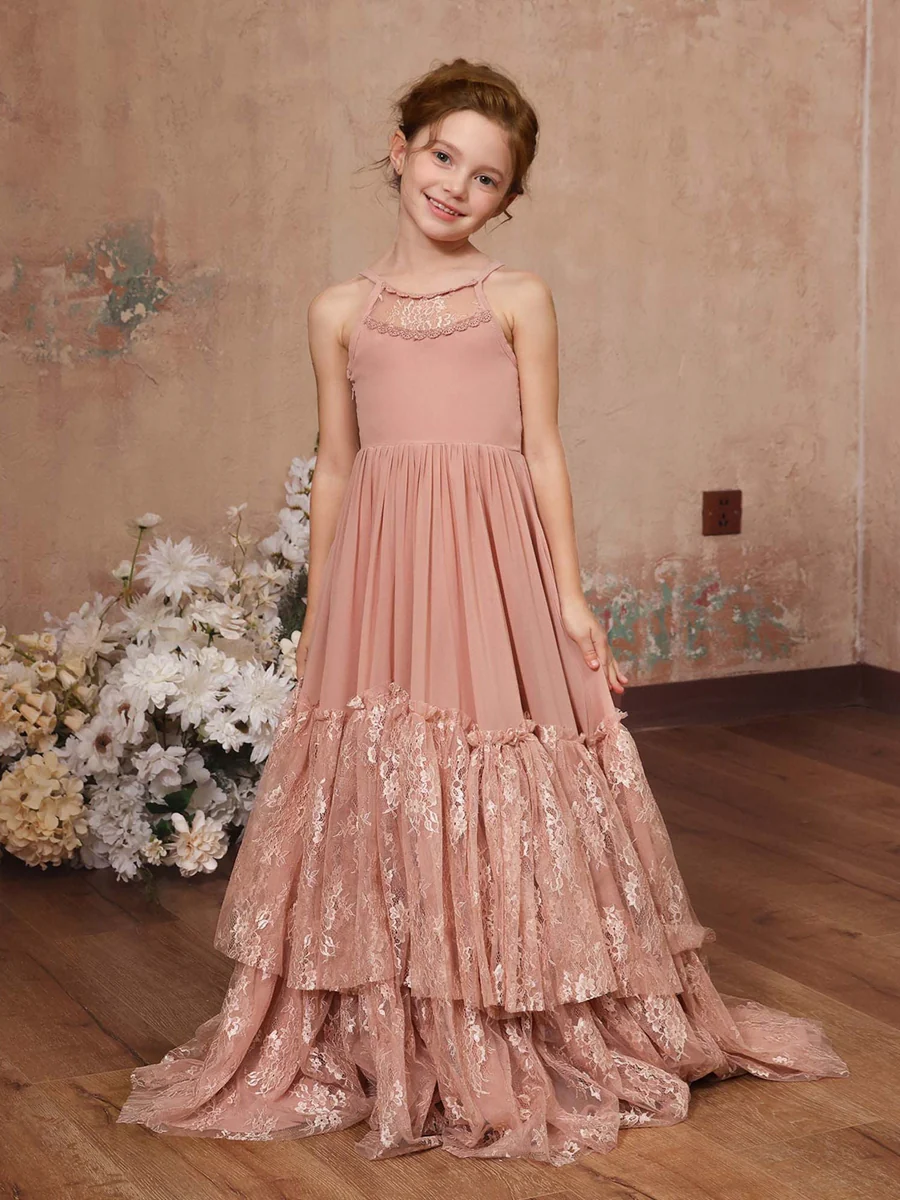 A-Line/Princess Lace Chiffon Sleeveless Scoop Neck Floor-Length Junior Bridesmaid Dresses - Image 5