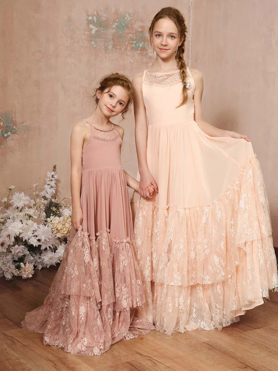 A-Line/Princess Lace Chiffon Sleeveless Scoop Neck Floor-Length Junior Bridesmaid Dresses - Image 8
