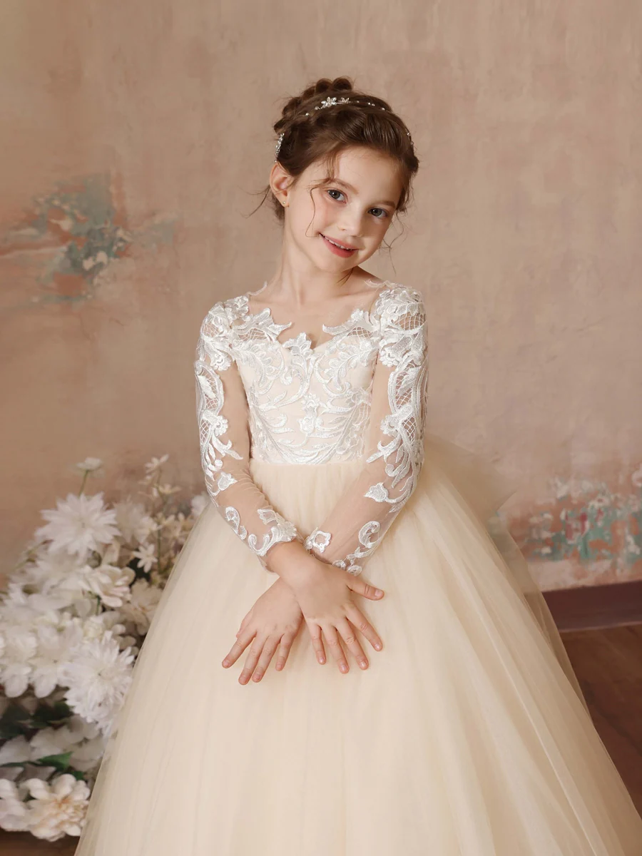 Ball-Gown Lace Long Sleeves Cap Straps Floor-Length Flower Girl Dresses - Image 3