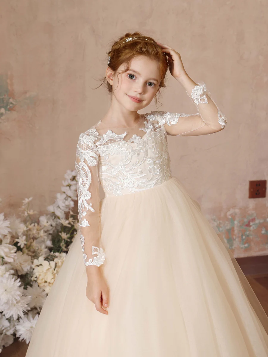 Ball-Gown Lace Long Sleeves Cap Straps Floor-Length Flower Girl Dresses - Image 4