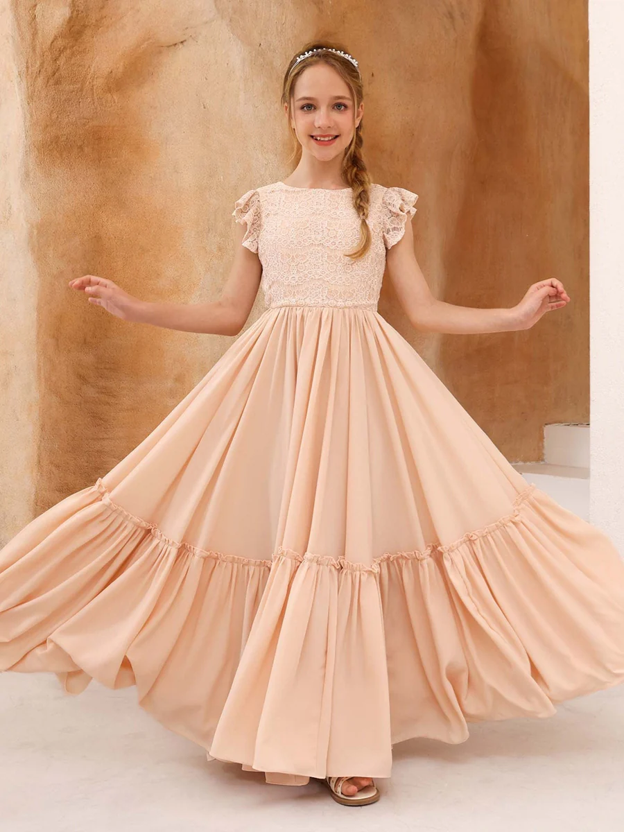 A-Line/Princess Lace Short Sleeves Scoop Neck Floor-Length Junior Bridesmaid Dresses - Image 7