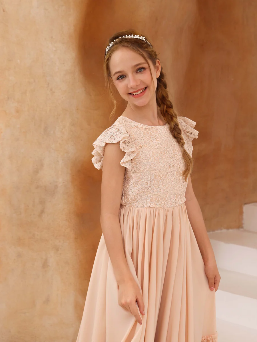A-Line/Princess Lace Short Sleeves Scoop Neck Floor-Length Junior Bridesmaid Dresses - Image 8