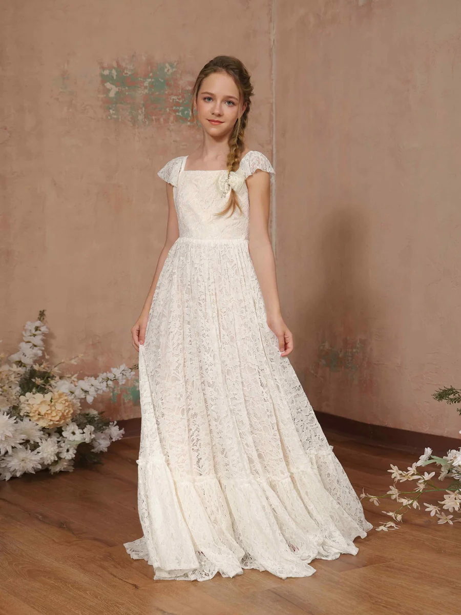 A-Line/Princess Lace Short Sleeves Square Neck Floor-Length Flower Girl Dresses - Image 4