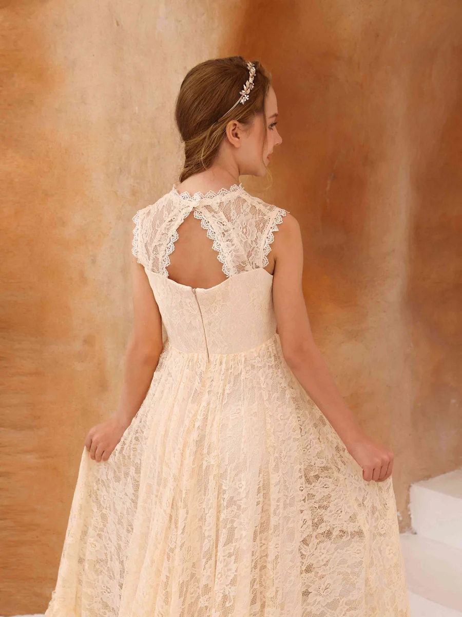 A-Line/Princess Lace Sleeveless Scoop Neck Floor-Length Junior Bridesmaid Dresses - Image 5