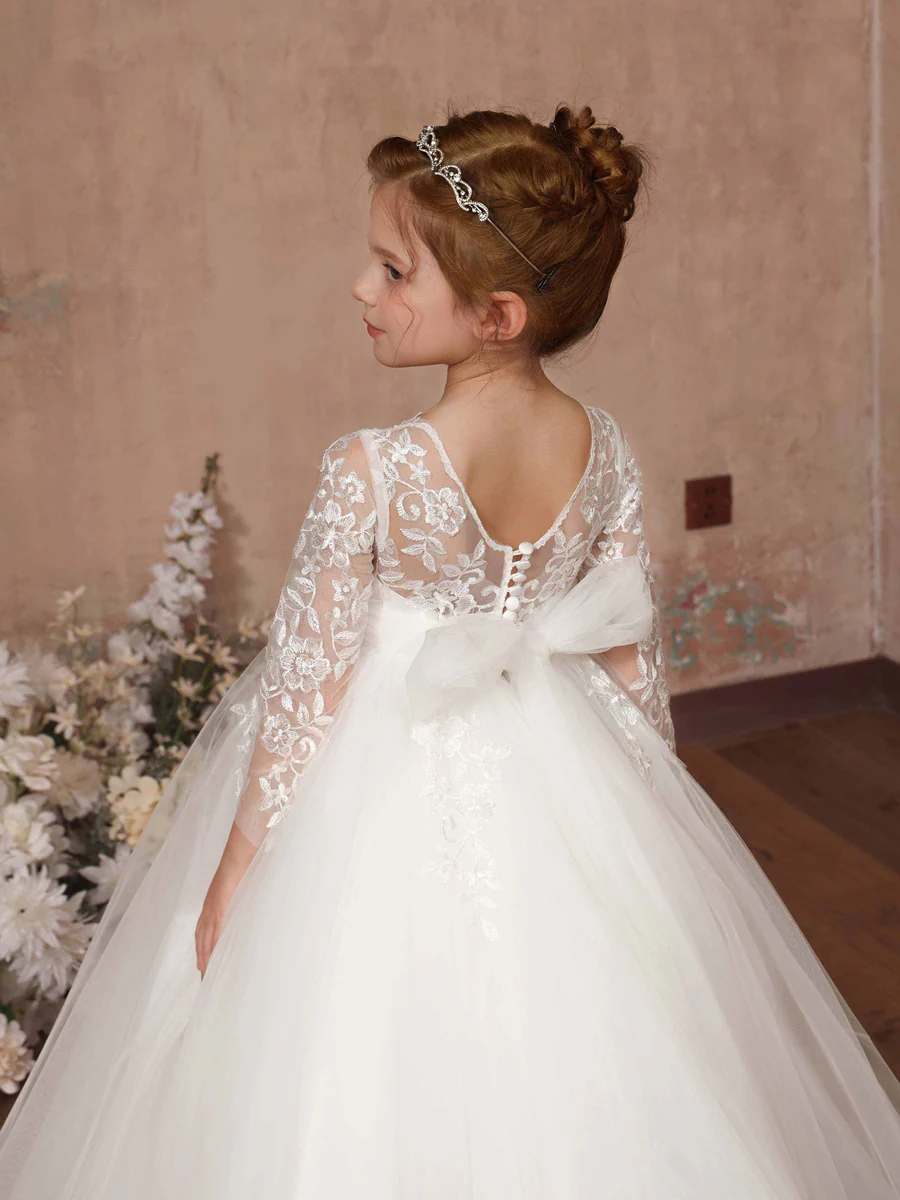 Ball-Gown Lace Tulle 3/4 Sleeves Scoop Neck Floor-Length Flower Girl Dresses - Image 7