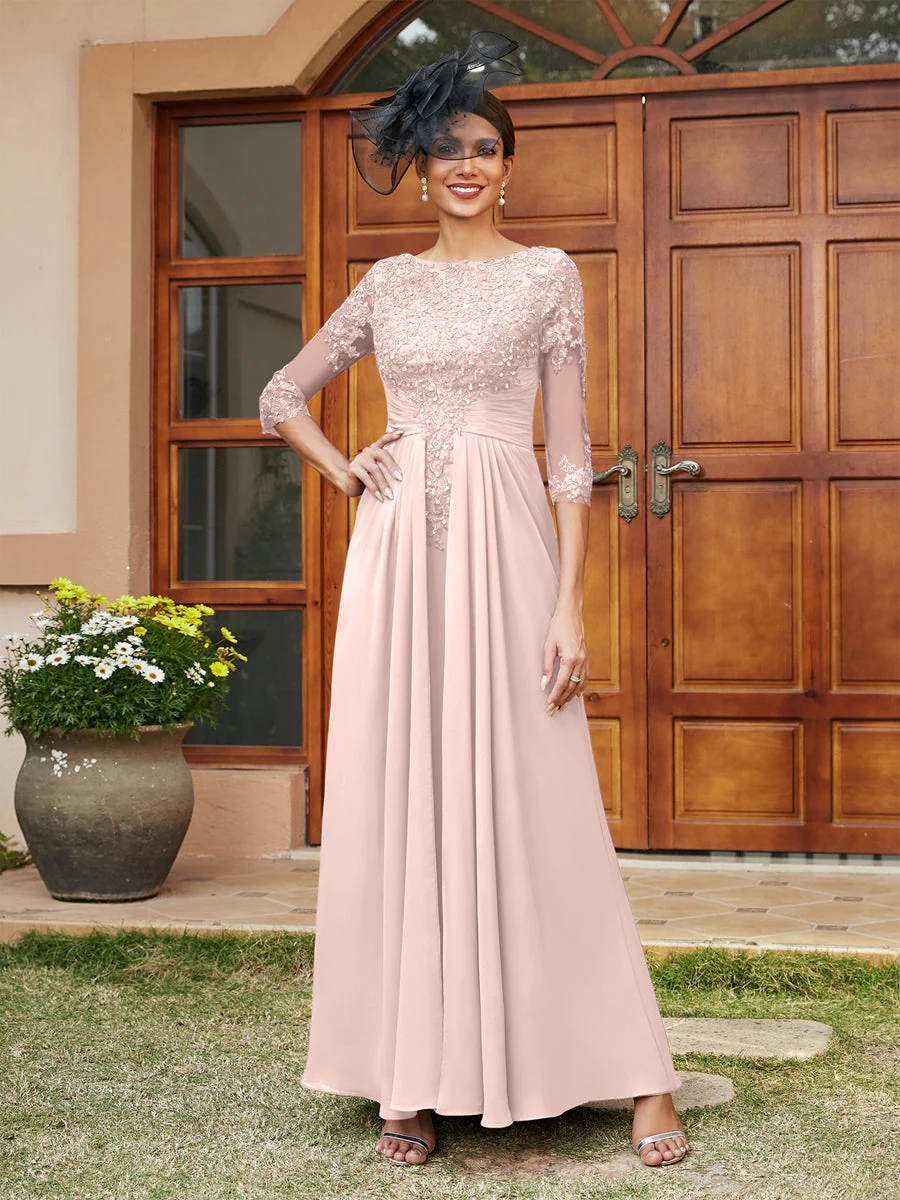 A-Line/Princess Long Evening Dresses with Lace Appliques & Half Sleeves - Image 29