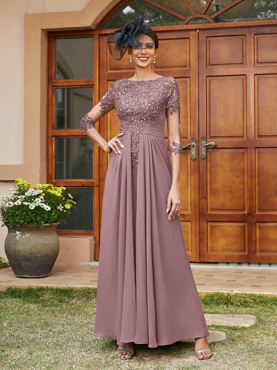 A-Line/Princess Long Evening Dresses with Lace Appliques & Half Sleeves - Image 33