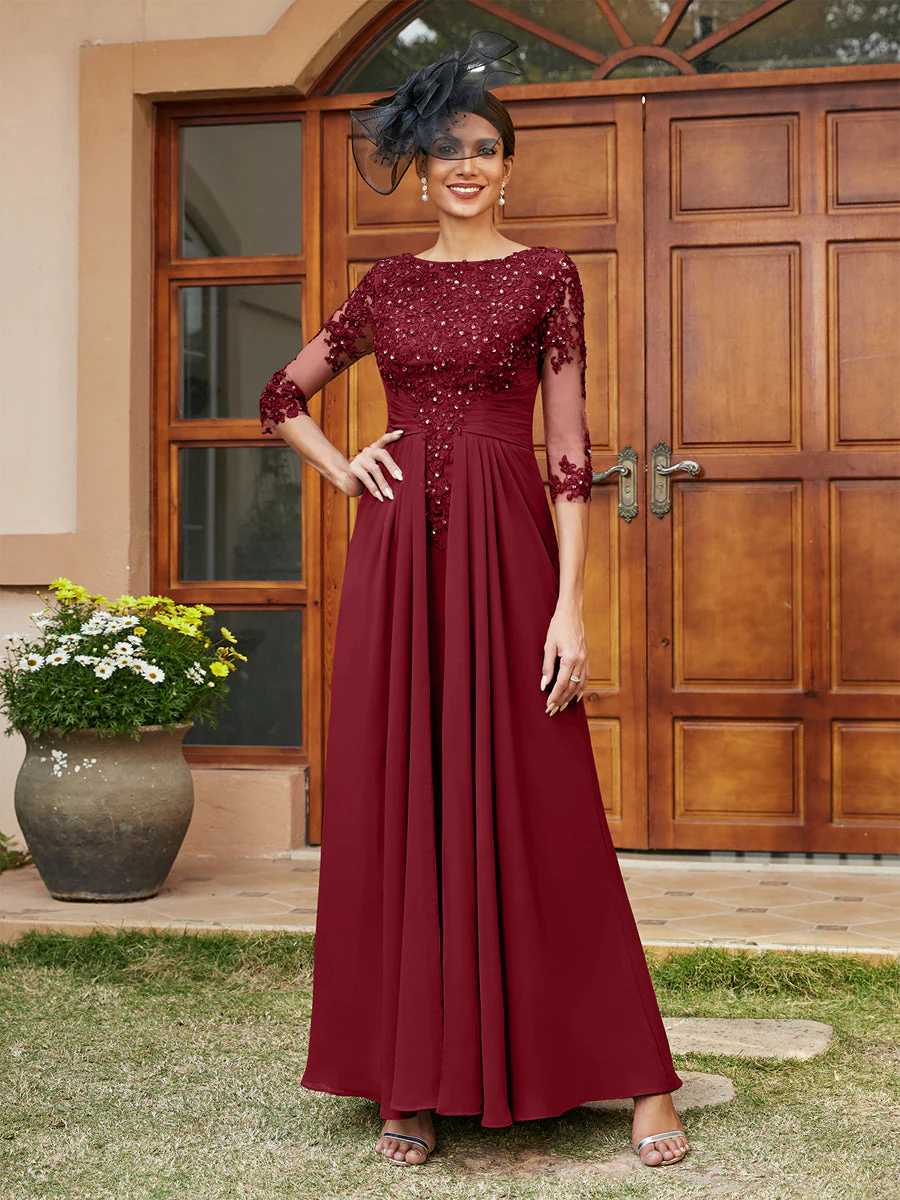 A-Line/Princess Long Evening Dresses with Lace Appliques & Half Sleeves - Image 39