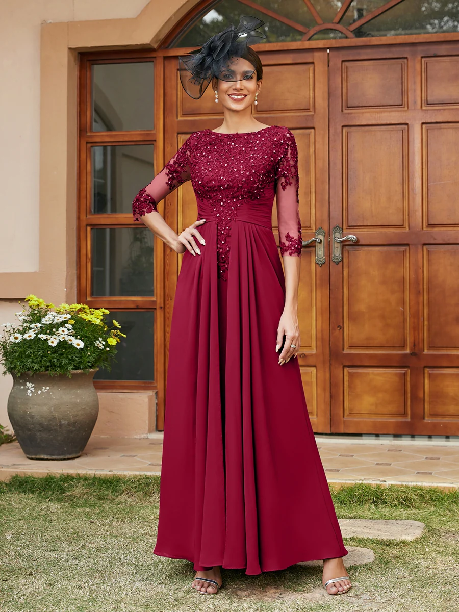 A-Line/Princess Long Evening Dresses with Lace Appliques & Half Sleeves - Image 40