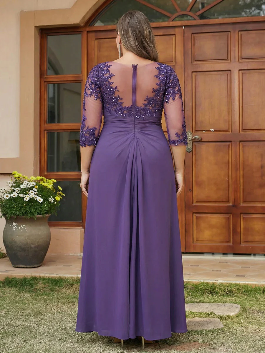 A-Line/Princess Long Plus Size Evening Dresses with Lace Appliques & Half Sleeves - Image 2
