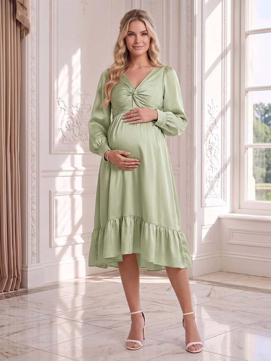 A-Line/Princess Long Sleeves Knee-Length Satin Baby Shower Wedding Guest Dresses with Ruffles