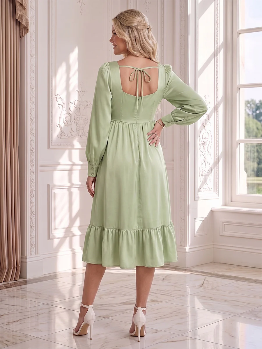 A-Line/Princess Long Sleeves Knee-Length Satin Baby Shower Wedding Guest Dresses with Ruffles - Image 2