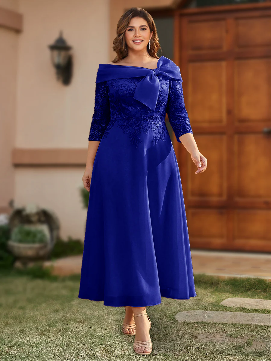A-Line/Princess Off-the-Shoulder Ankle-Length Plus Size Mother of the Bride Dresses With Bow(s) & Appliques - Image 66