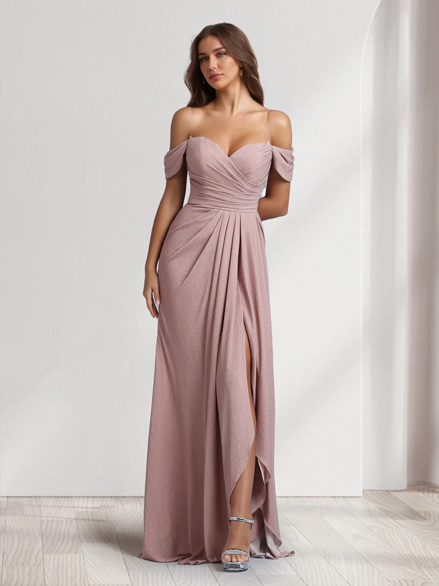 A-Line/Princess Off-the-Shoulder Floor-Length Ruched Bridesmaid Dresses With Ruffles & Split Side - Image 4