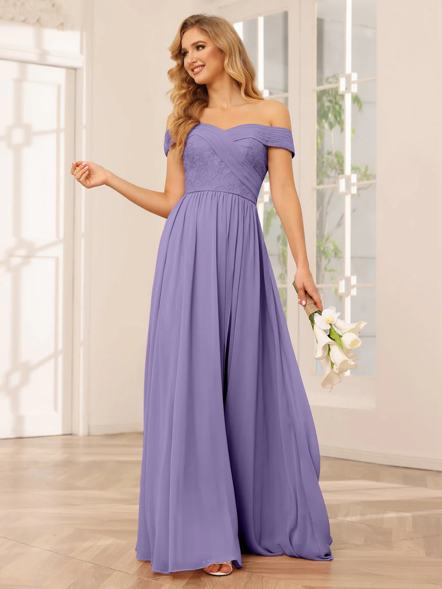 A-Line/Princess Off-the-Shoulder Long Bridesmaid Dresses with Applique - Image 40