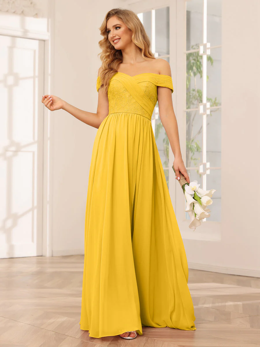 A-Line/Princess Off-the-Shoulder Long Bridesmaid Dresses with Applique - Image 70