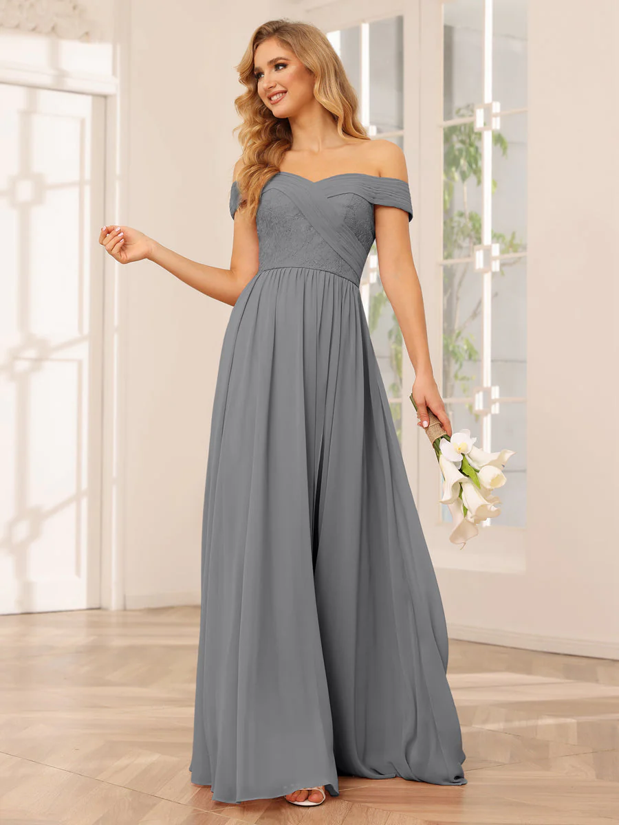 A-Line/Princess Off-the-Shoulder Long Bridesmaid Dresses with Applique - Image 74