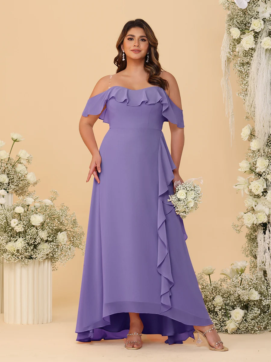 A-Line/Princess Off-the-Shoulder Plus Size Bridesmaid Dresses with Ruffles - Image 35